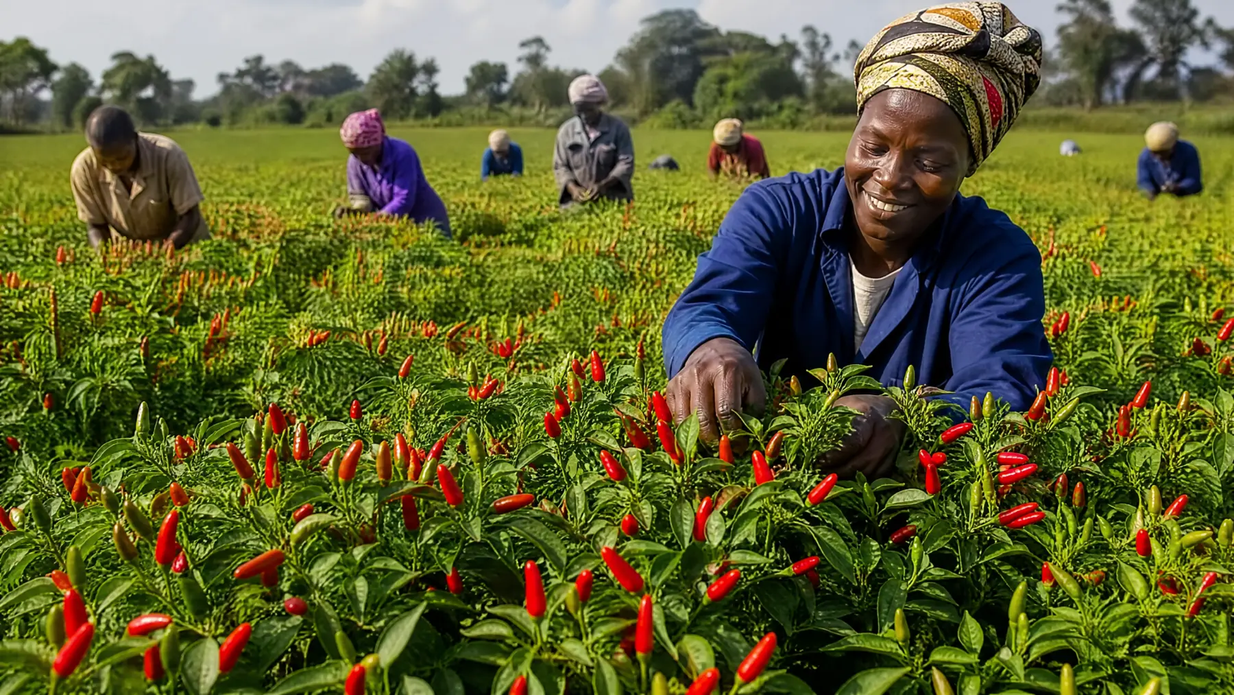 Ghanaian farmers working together in a chilli field