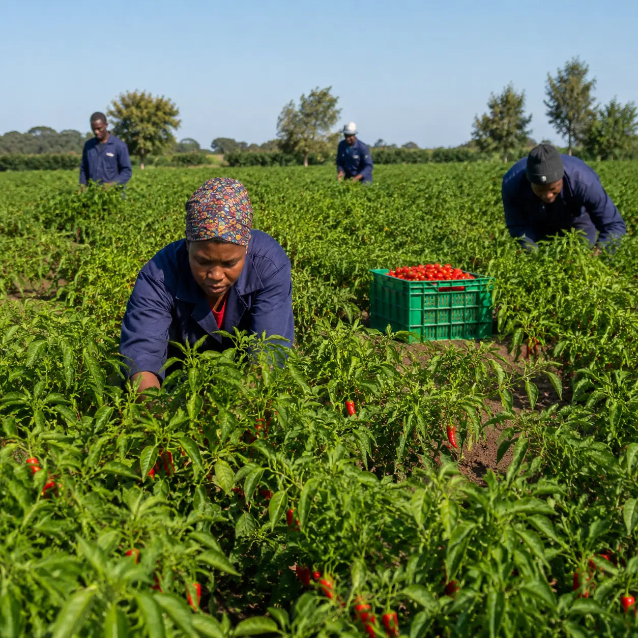 Farm workers harvesting chilli peppers