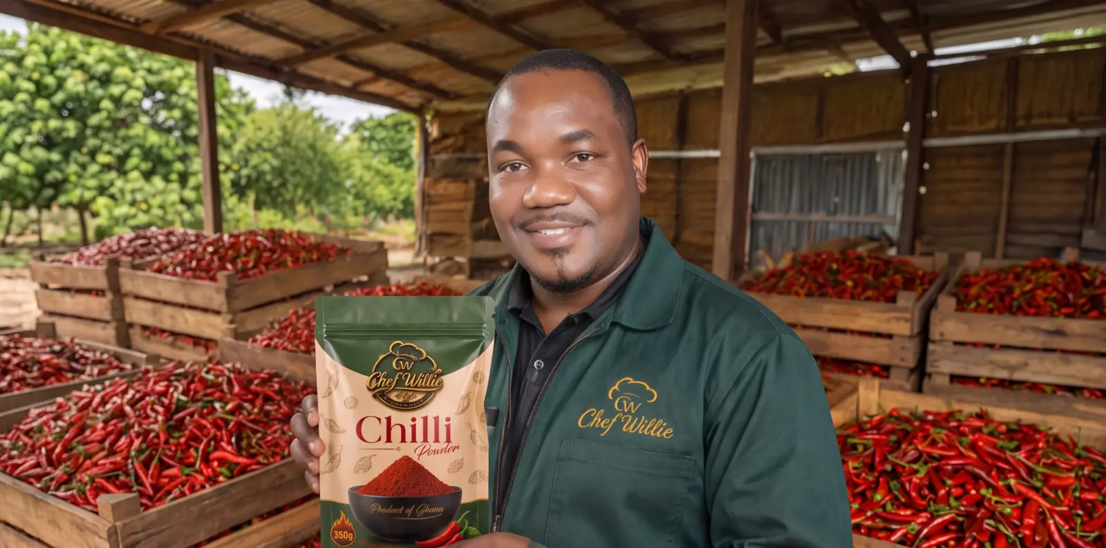 Isaac Williams with Chef Willie Chilli Powder at the chilli harvest